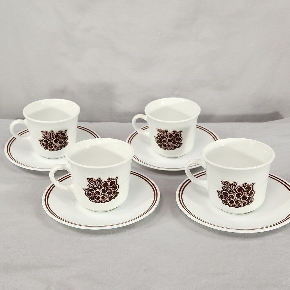 Set of 4 Corelle Batik Coffee Cups & Saucers Vintage Brown Stripes & Flowers